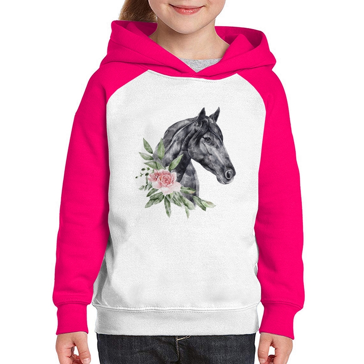 Moletom Infantil Cavalo e Flores - Branco/Rosa