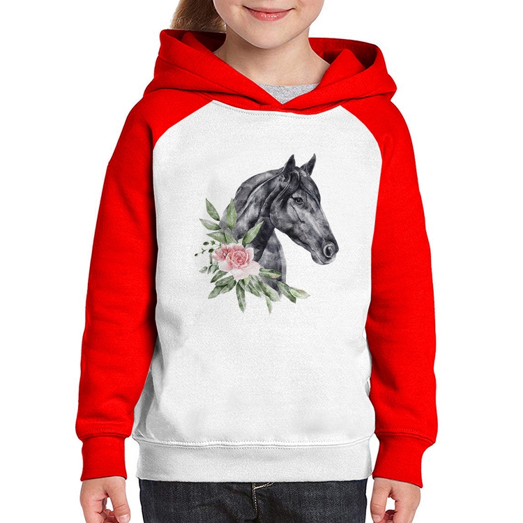 Moletom Infantil Cavalo e Flores - Branco/Vermelho