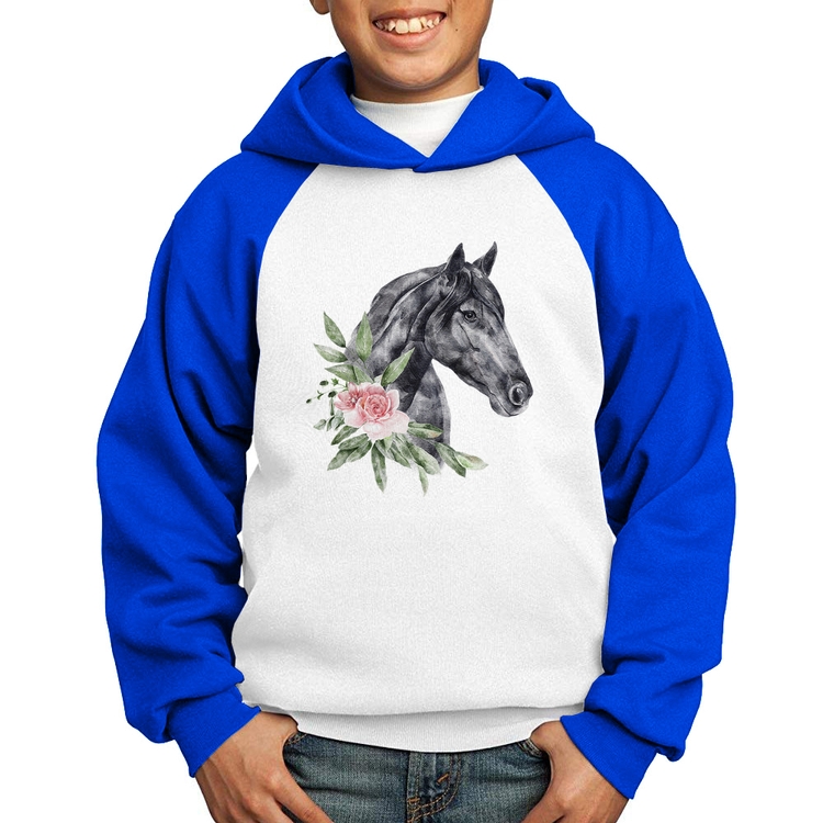 Moletom Infantil Cavalo e Flores - Branco/Azul