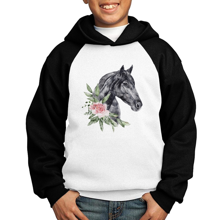 Moletom Infantil Cavalo e Flores - Branco/Preto