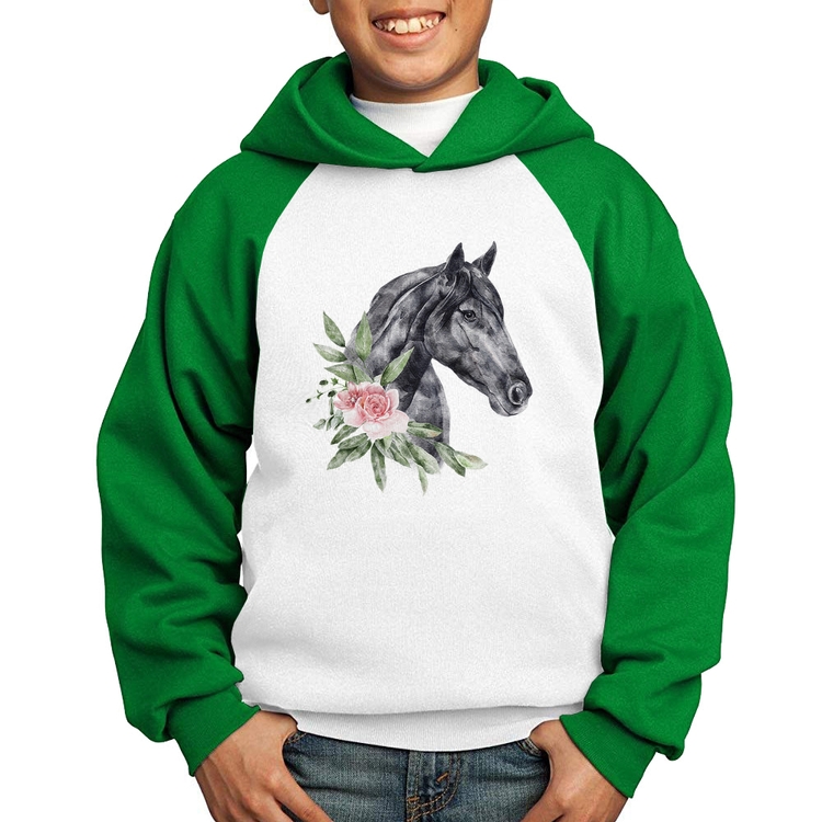 Moletom Infantil Cavalo e Flores - Branco/Verde