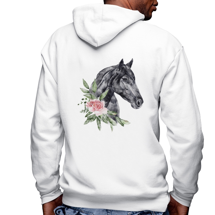 Blusa Moletom Cavalo e Flores Masculina com Capuz e Zíper - Branca