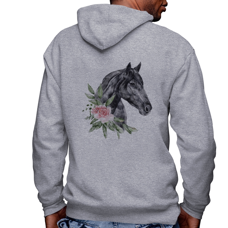 Blusa Moletom Cavalo e Flores Masculina com Capuz e Zíper - Mescla