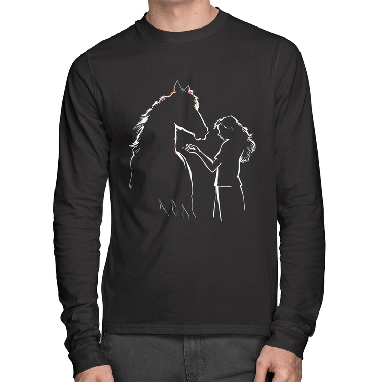 Camiseta Algodão Cavalo e Garota Silhueta Manga Longa