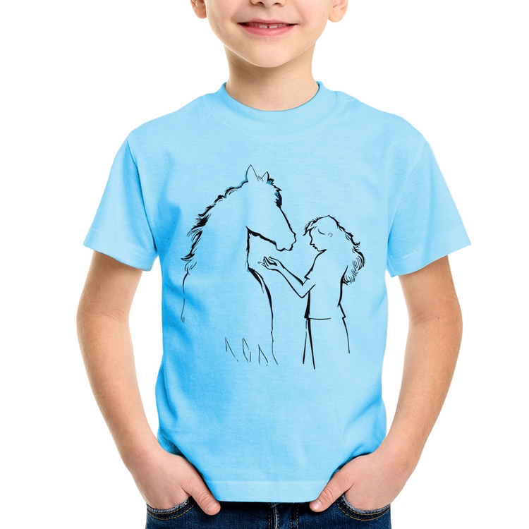 Camiseta Infantil Cavalo e Garota Silhueta - Azul Bebê