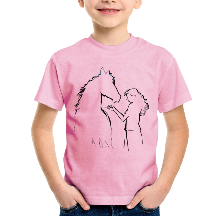 Camiseta Infantil Cavalo e Garota Silhueta - Rosa Bebê