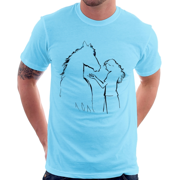 Camiseta Cavalo e Garota Silhueta - Azul Bebê