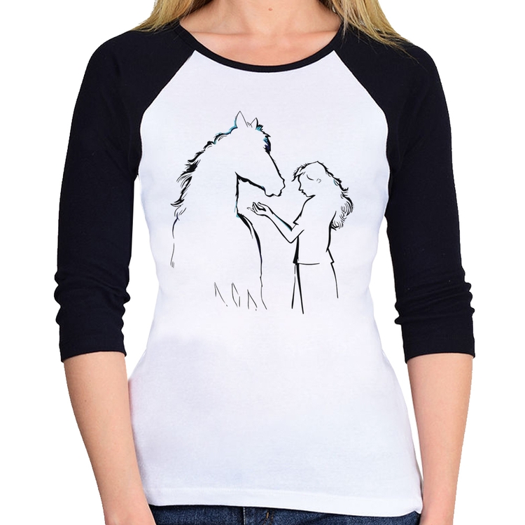 Baby Look Raglan Cavalo e Garota Silhueta Manga 3/4