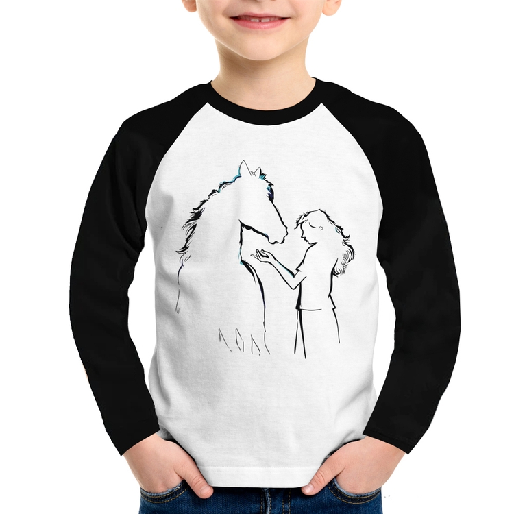 Camiseta Raglan Infantil Cavalo e Garota Silhueta Manga Longa