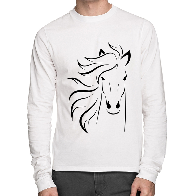 Camiseta Algodão Cavalo Traços Manga Longa - Branca
