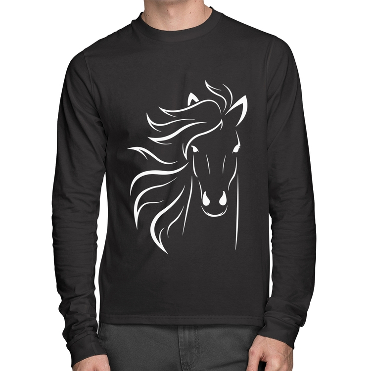 Camiseta Algodão Cavalo Traços Manga Longa
