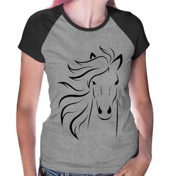 Baby Look Raglan Cavalo Traços - Cinza/Preto