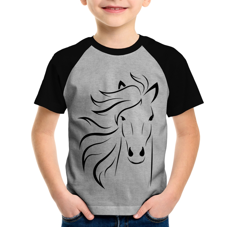 Camiseta Raglan Infantil Cavalo Traços - Cinza/Preto