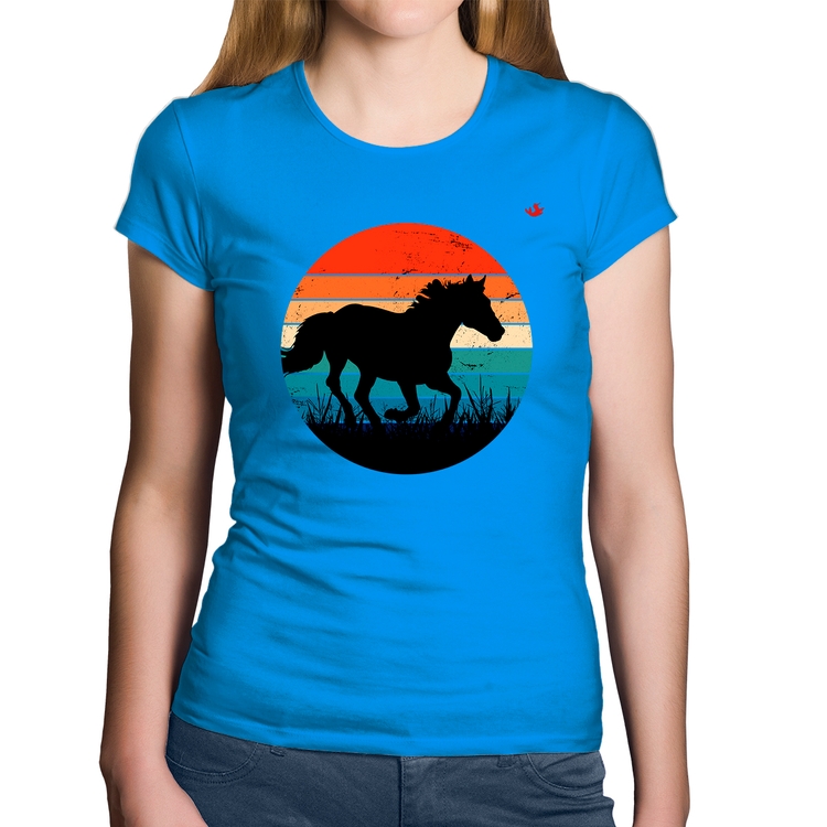 Baby Look Algodão Cavalo Vintage Sunset - Azul