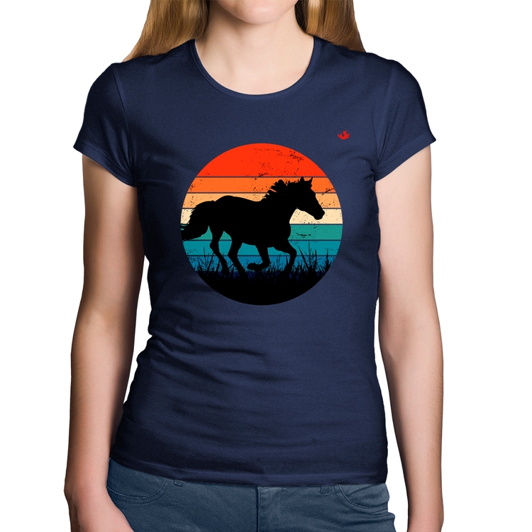 Baby Look Algodão Cavalo Vintage Sunset - Marinho