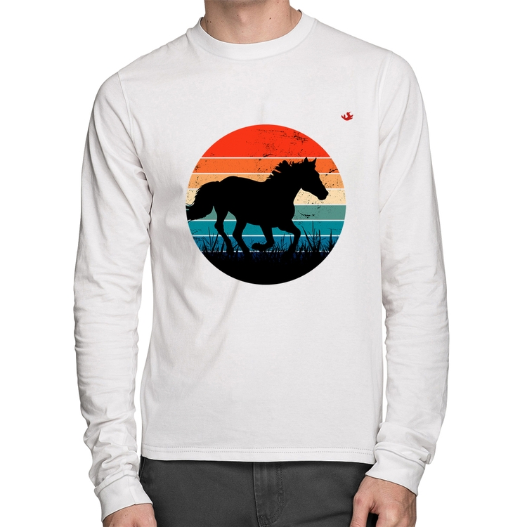 Camiseta Algodão Cavalo Vintage Sunset Manga Longa - Branca