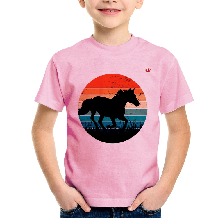 Camiseta Infantil Cavalo Vintage Sunset - Rosa Bebê