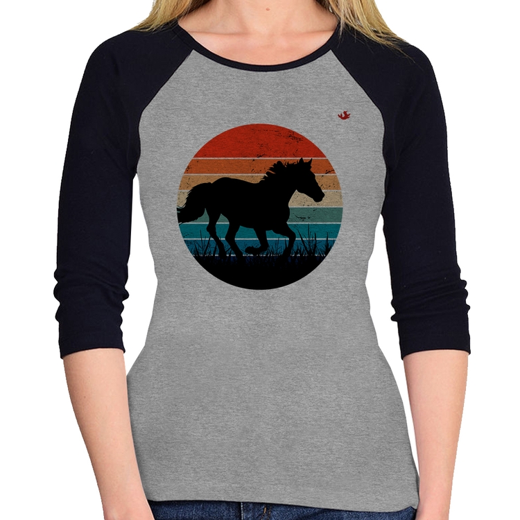 Baby Look Raglan Cavalo Vintage Sunset Manga 3/4 - Cinza/Preto