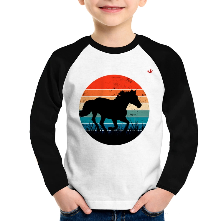 Camiseta Raglan Infantil Cavalo Vintage Sunset Manga Longa