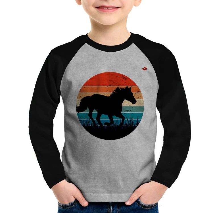 Camiseta Raglan Infantil Cavalo Vintage Sunset Manga Longa - Cinza/Preto