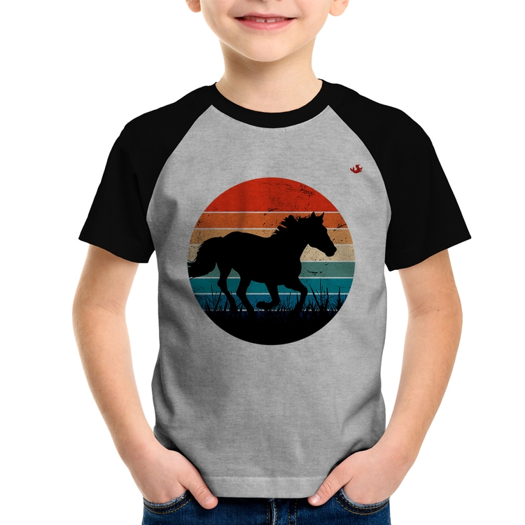 Camiseta Raglan Infantil Cavalo Vintage Sunset - Cinza/Preto