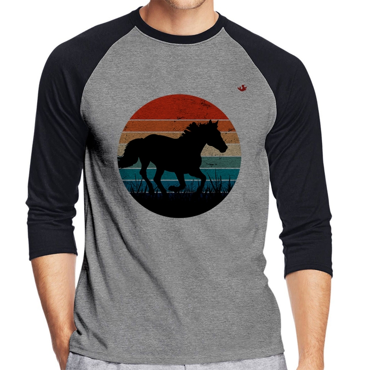 Camiseta Raglan Cavalo Vintage Sunset Manga 3/4 - Cinza/Preto