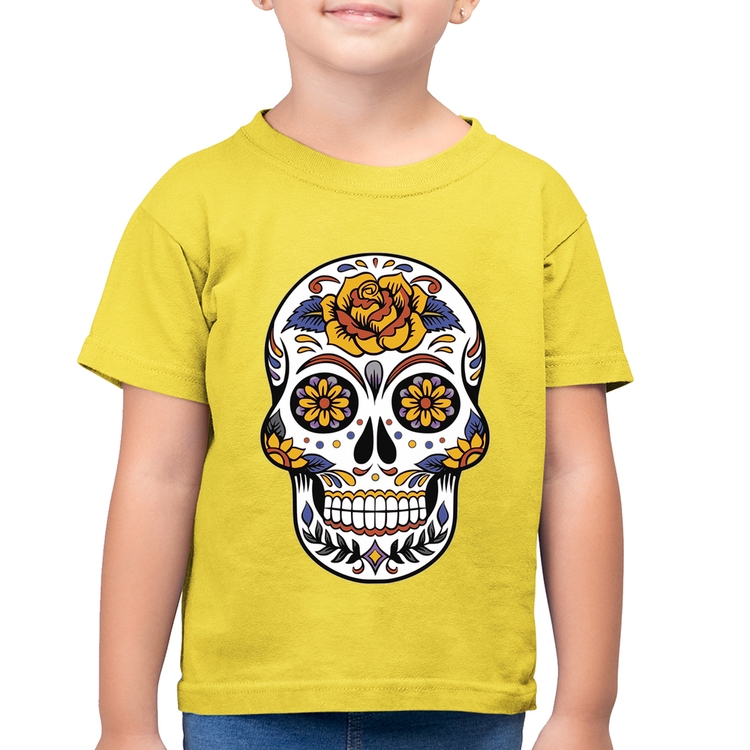 Camiseta Algodão Infantil Caveira Mexicana - Amarelo Canário