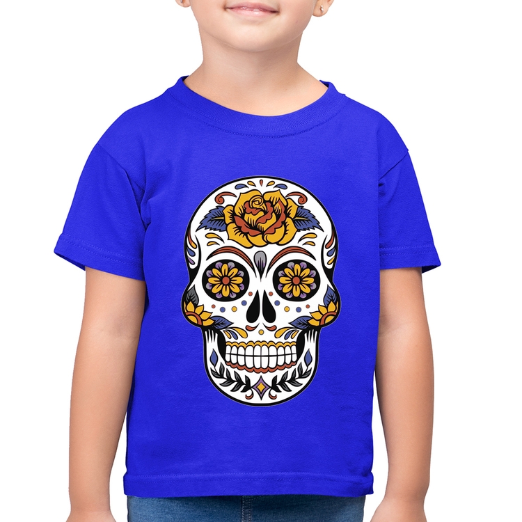 Camiseta Algodão Infantil Caveira Mexicana - Azul Royal