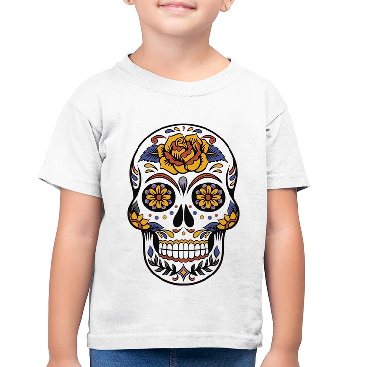 Camiseta Algodão Infantil Caveira Mexicana - Branca