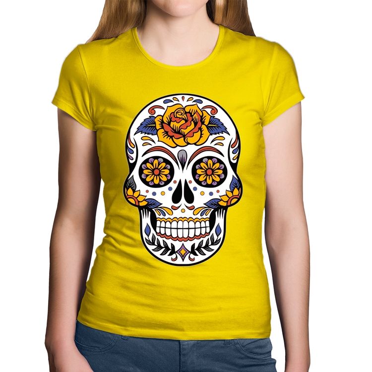 Baby Look Algodão Caveira Mexicana - Amarela