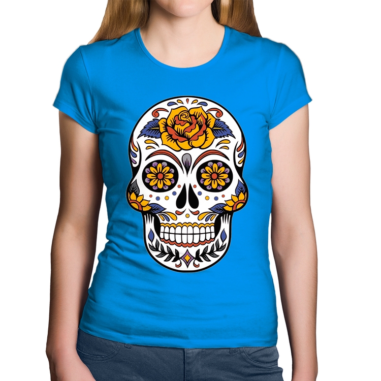 Baby Look Algodão Caveira Mexicana - Azul