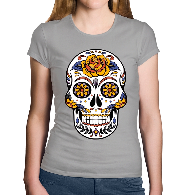 Baby Look Algodão Caveira Mexicana - Cinza