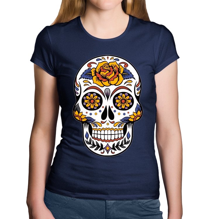 Baby Look Algodão Caveira Mexicana - Marinho