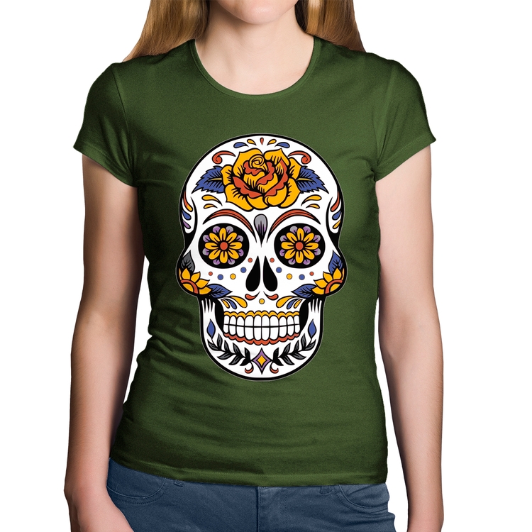 Baby Look Algodão Caveira Mexicana - Musgo