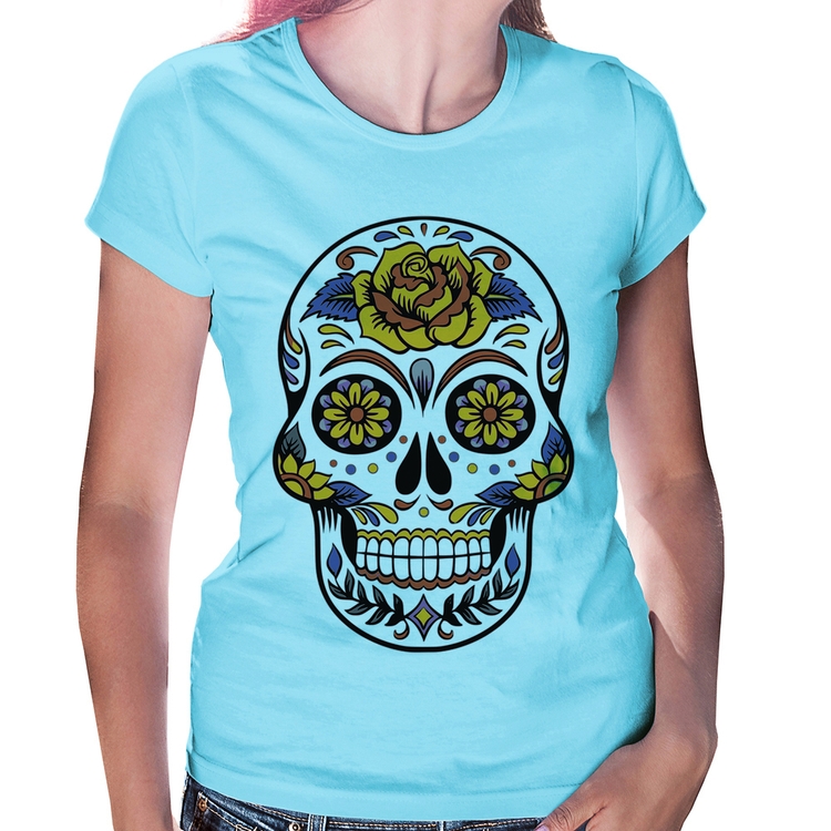 Baby Look Caveira Mexicana - Azul Bebê