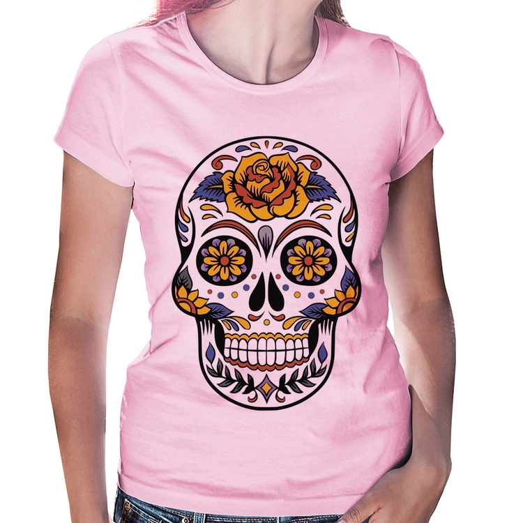 Baby Look Caveira Mexicana - Rosa Bebê