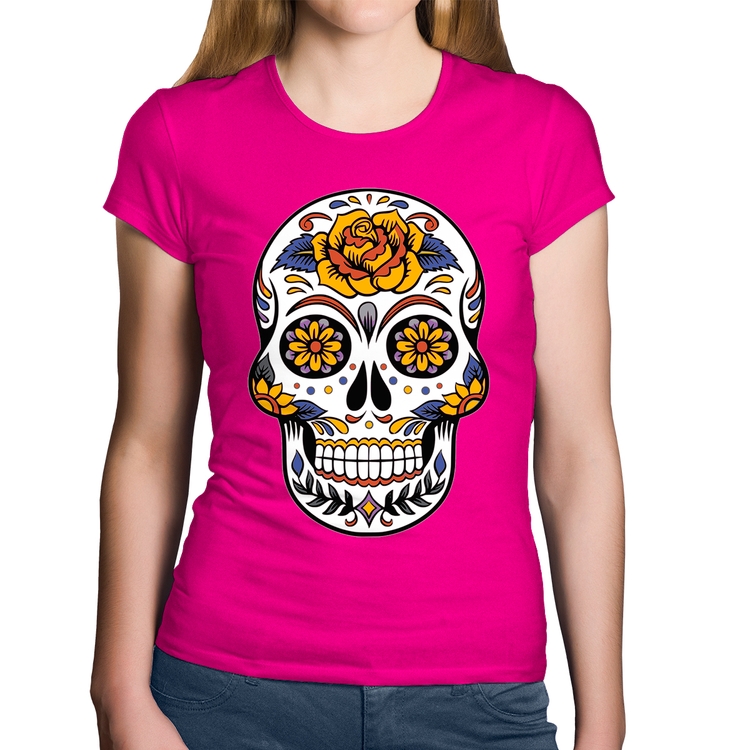 Baby Look Algodão Caveira Mexicana - Rosa