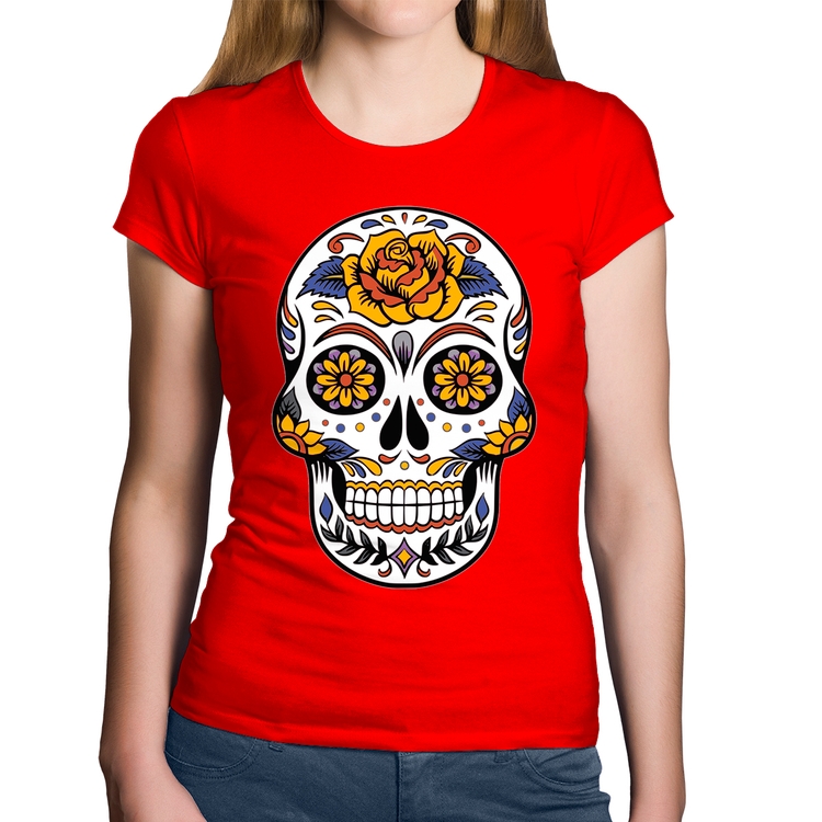 Baby Look Algodão Caveira Mexicana - Vermelha