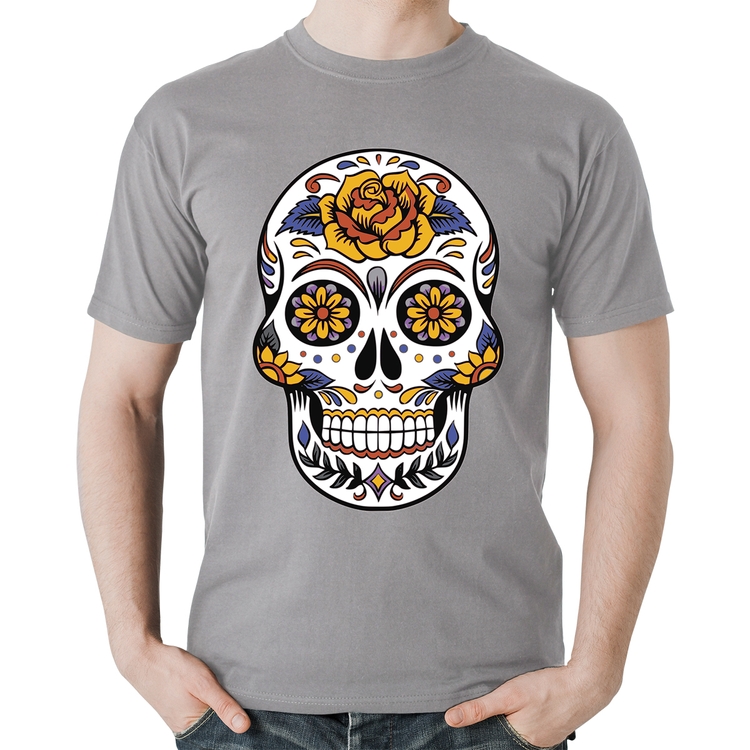 Camiseta Algodão Caveira Mexicana - Cinza