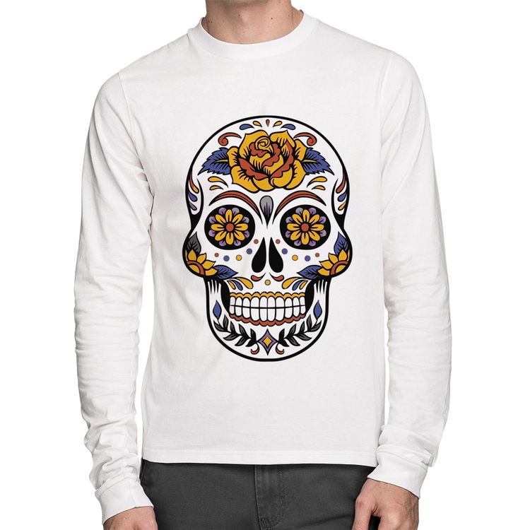 Camiseta Algodão Caveira Mexicana Manga Longa - Branca