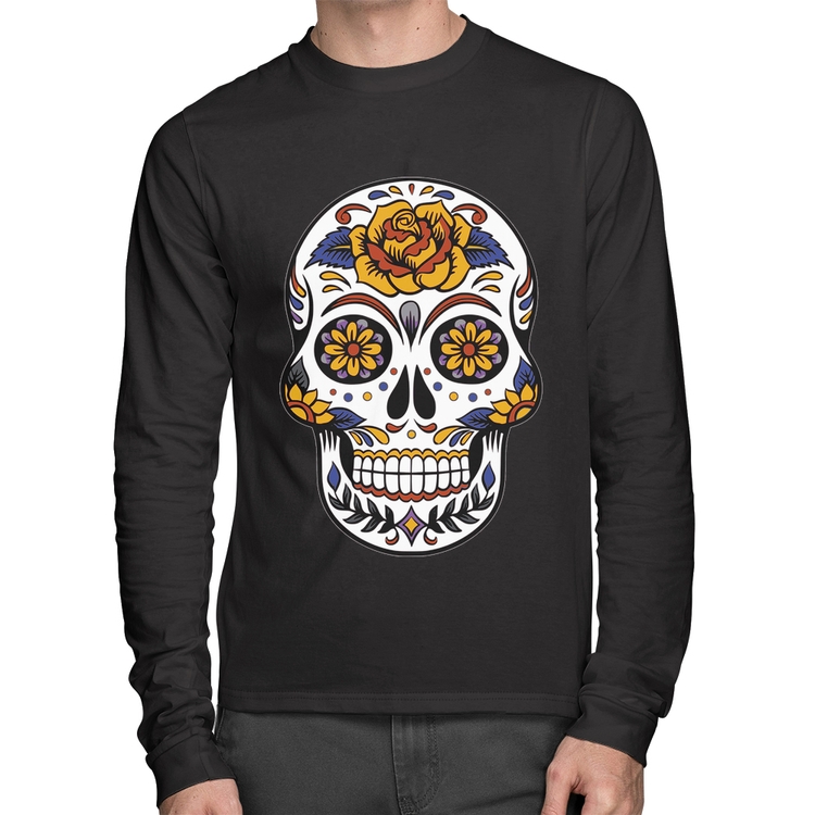 Camiseta Algodão Caveira Mexicana Manga Longa