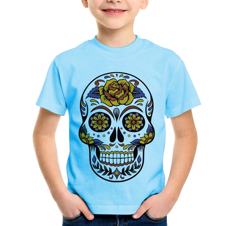 Camiseta Infantil Caveira Mexicana - Azul Bebê
