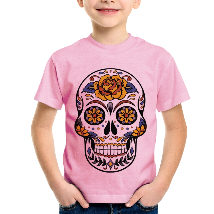 Camiseta Infantil Caveira Mexicana - Rosa Bebê