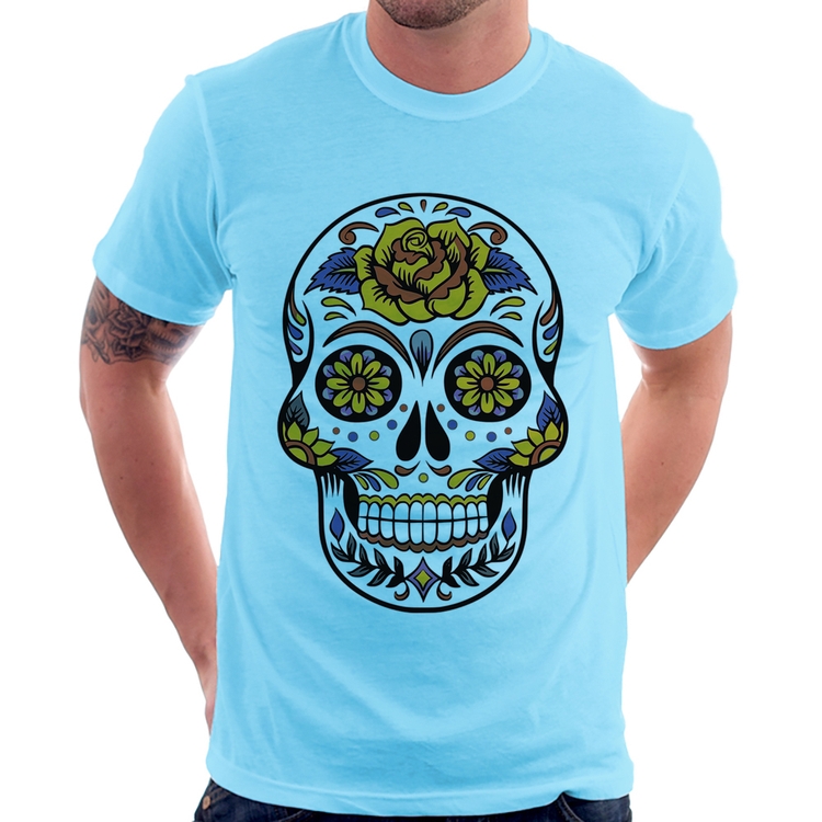Camiseta Caveira Mexicana - Azul Bebê