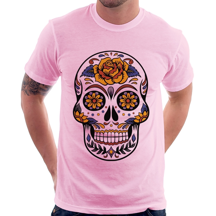 Camiseta Caveira Mexicana - Rosa Bebê