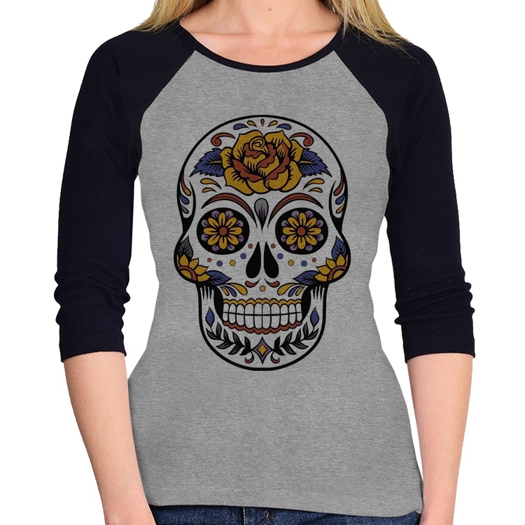 Baby Look Raglan Caveira Mexicana Manga 3/4 - Cinza/Preto
