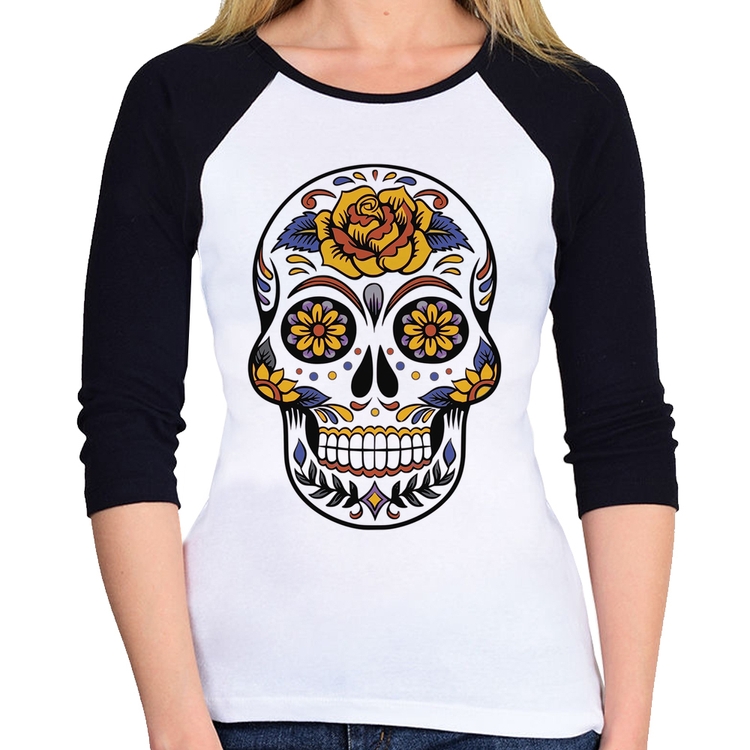 Baby Look Raglan Caveira Mexicana Manga 3/4