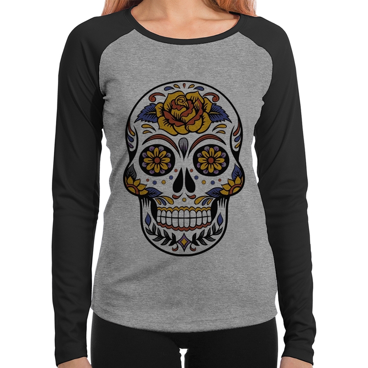Baby Look Raglan Caveira Mexicana Manga Longa - Cinza/Preto