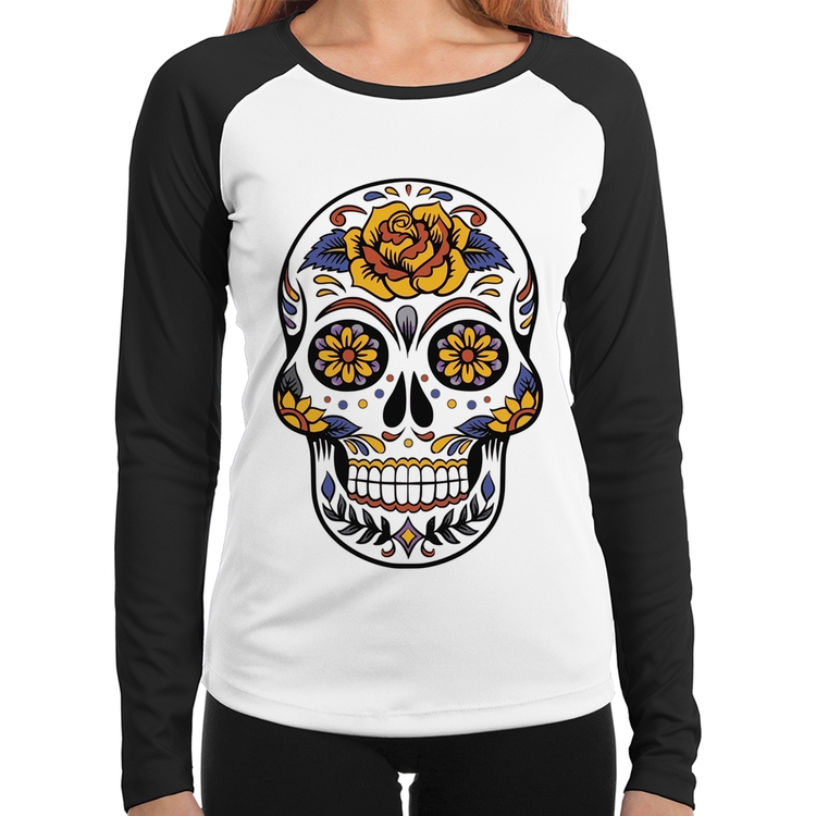 Baby Look Raglan Caveira Mexicana Manga Longa