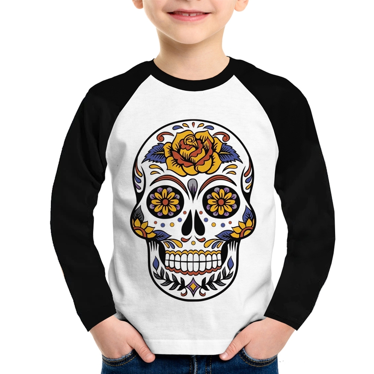 Camiseta Raglan Infantil Caveira Mexicana Manga Longa